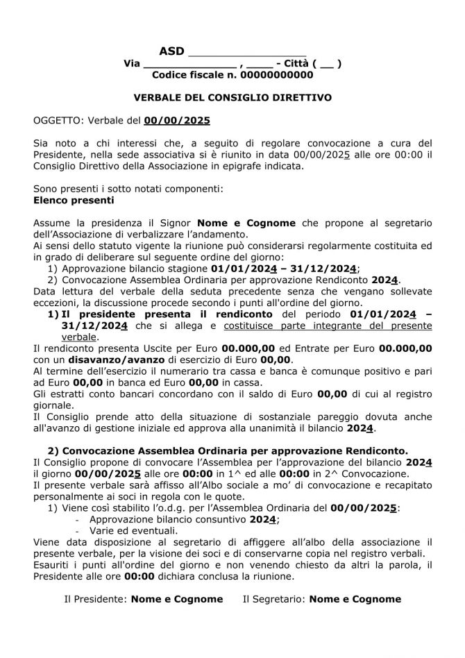 Fac simile Verbale del Consiglio Direttivo per la redazione rendiconto annuale - www.andolfatto.it