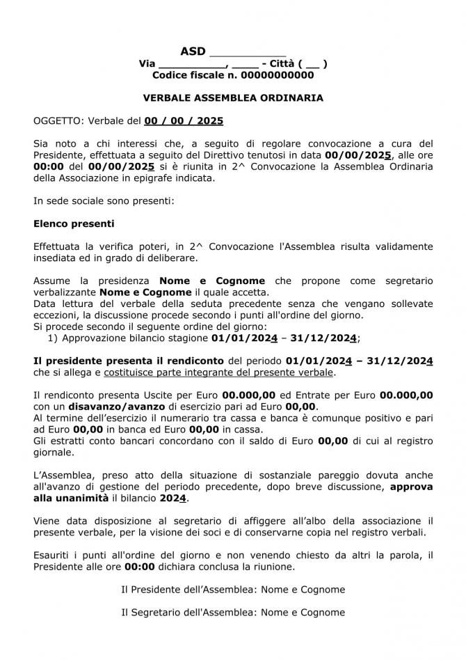 Fac simile Verbale di Assemblea Ordinaria per l'approvazione rendiconto annuale - www.andolfatto.it